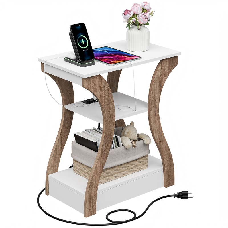 End Table with Charging Station Narrow Side Table for Living Room White+Wood