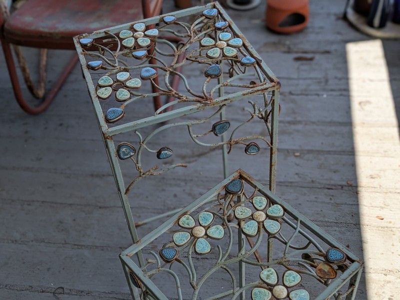 Vintage Distressed Metal End Side Tables two floral flower design teal plant sta gallery