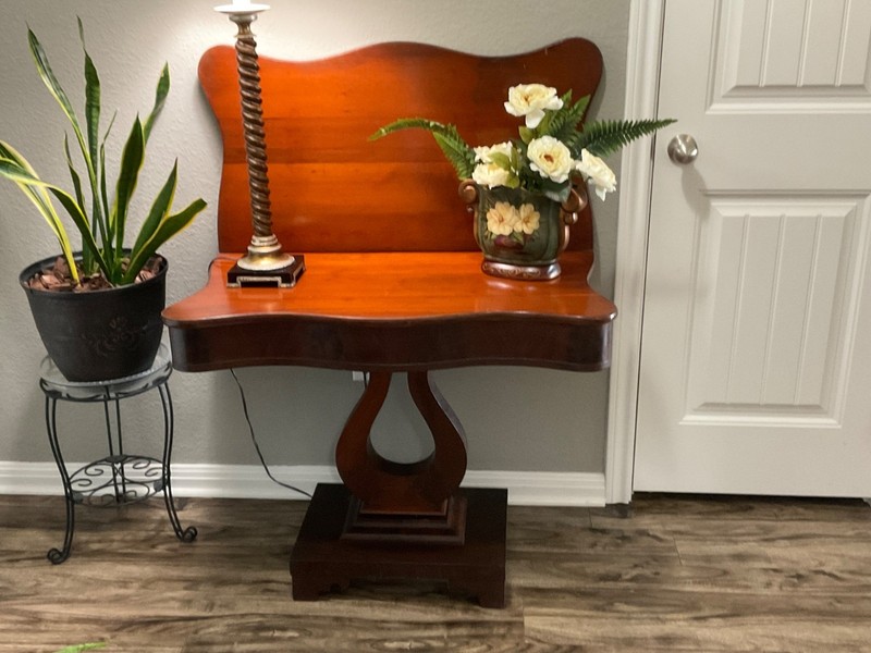 Antique 19th Cent. American Empire Flame Mahogany Lyre Base Console/Card Table