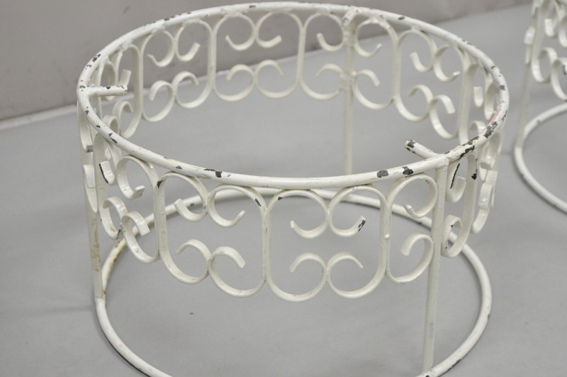 Arthur Umanoff Wrought Iron Scroll Low Round Glass Top Side Tables - a Pair gallery
