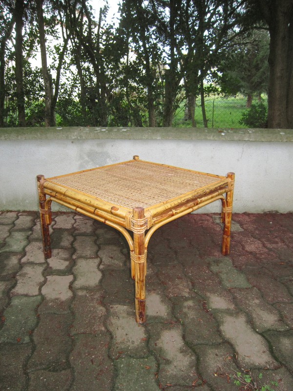 Square Bamboo, Rattan, and Wicker Coffee Table, Italy, 1960s Mid-Century