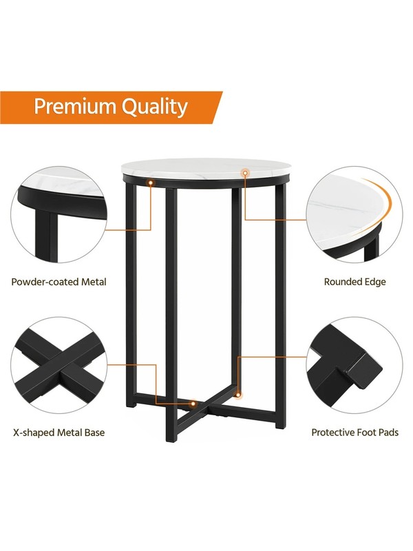 Round Faux Marble End Table X Metal Base Accent Table Antique Gold Black for gallery