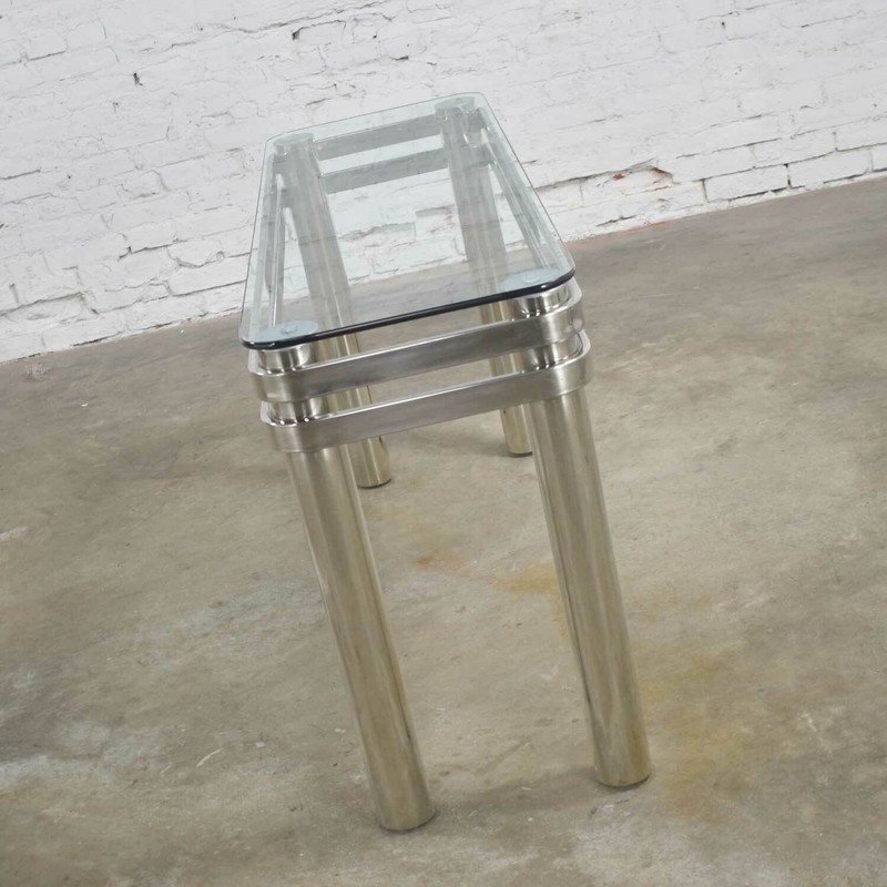 Modern Chrome Rectangle Console Sofa Table Glass Top Style Pace or Karl Springer gallery