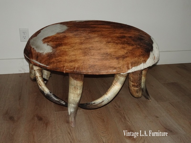 Large Oversized Vintage Western Theme Steer Horn Cowhide Ottoman ~ Coffee Table