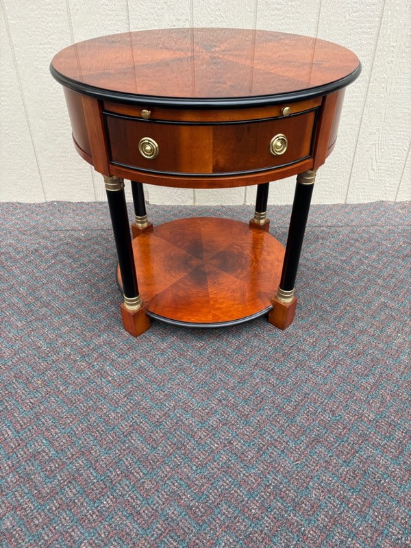 67823 Elegant Century Round Side Table with Cherry Veneer and Brass Accents gallery