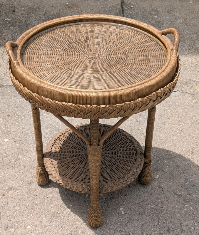 Vintage Bent Bamboo Wood Wooden Rattan Serving Tray End Butler Glass Top Table
