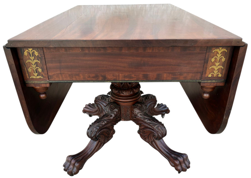 Antique American Drop Leaf table Federal Empire Mahogany Brass Acanthus Paw Feet