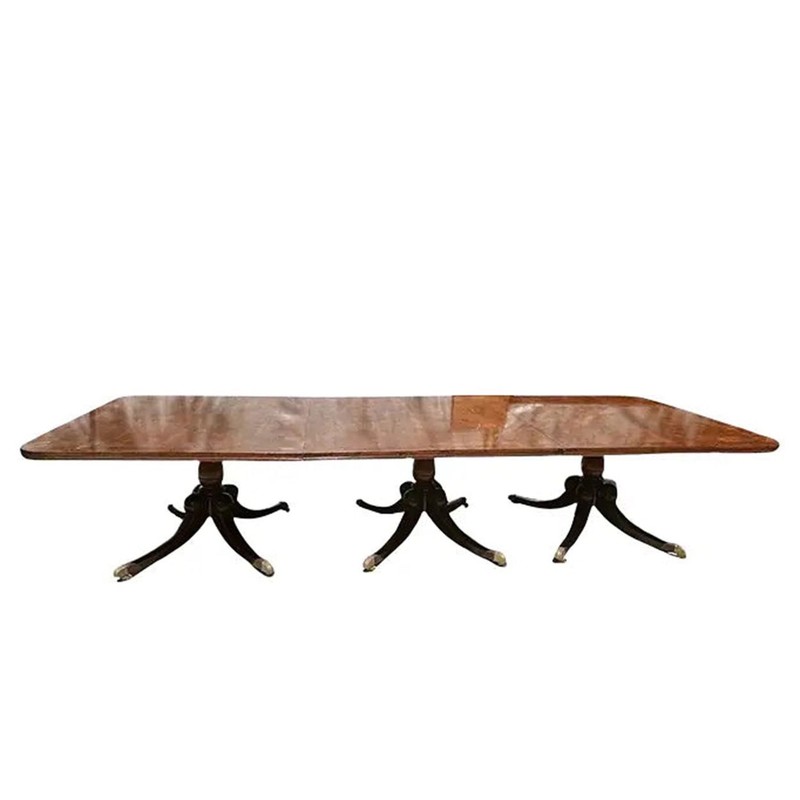 Antique English George III Crossbanded Mahogany Triple Pedestal Dining Table