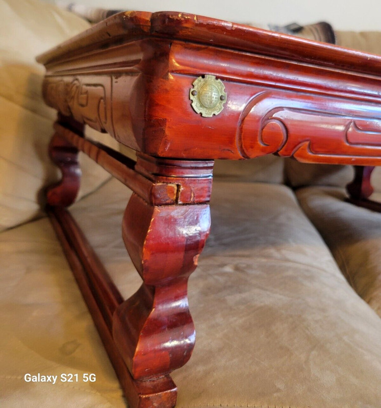 ASIAN KOREAN LOW PROFILE FOLDING LEGS CARVED WOODEN WOOD COFFEE TEA TABLE ANTIQE gallery