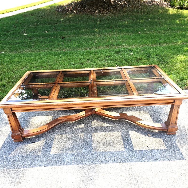 Vintage MCM Carved Wood Coffee Table with Glass Bronze Acorn Detail 59 in wide