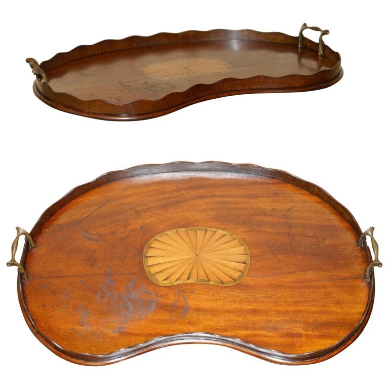 ANTIQUE CIRCA 1880 SHERATON REVIVAL SATINWOOD WALNUT SERVING TRAY BRONZE HANDLES