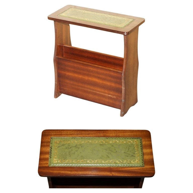VINTAGE GREEN LEATHER & FLAMED MAHOGANY SIDE END WINE TABLE MAGAZINE RACK