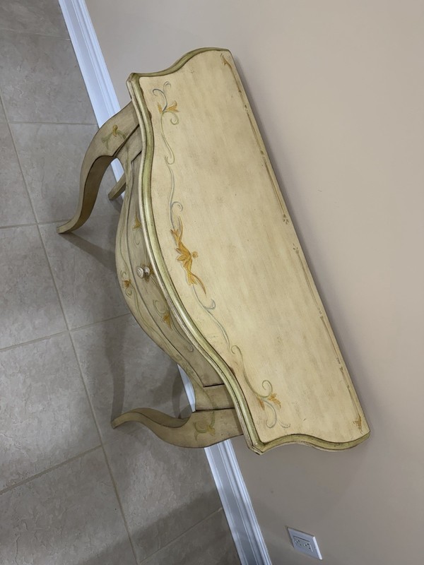 Antique French Country Console Table Wood Curved Beige Gold Carvings Drawer gallery