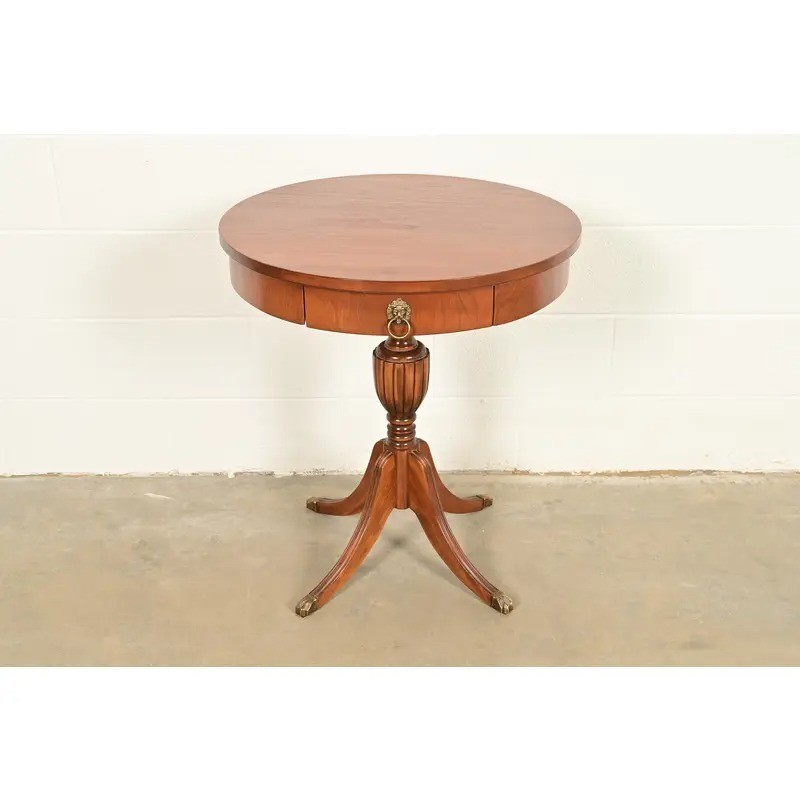 Baker Furniture Style Georgian Walnut Pedestal Drum Side Table, Circa 1960s