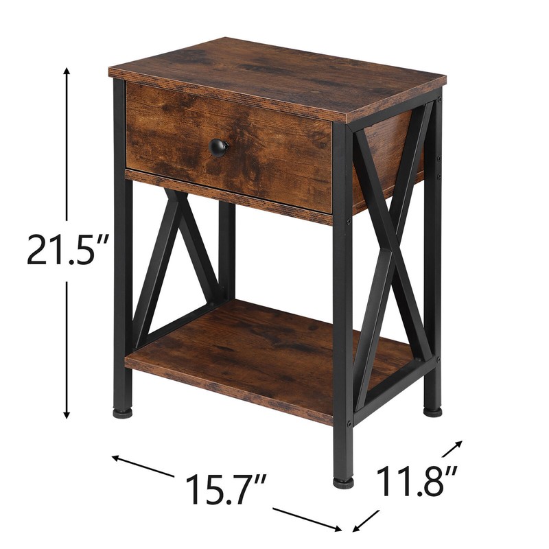 Set of 2 X-Design End Side Sofa Table Storage Shelf W/Drawer for Bedroon Brown gallery