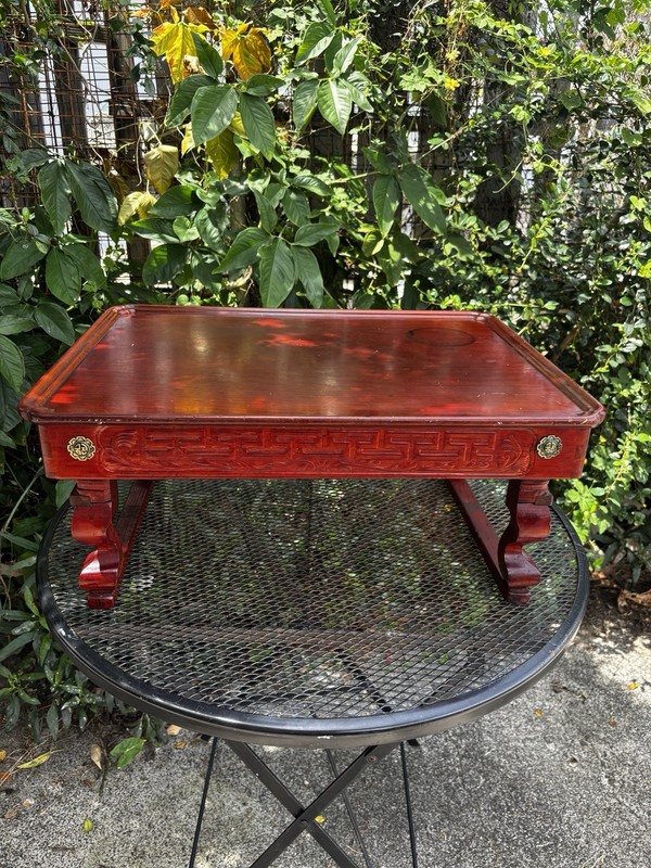 Vintage Korean Wood Folding Table with Carved Side Table