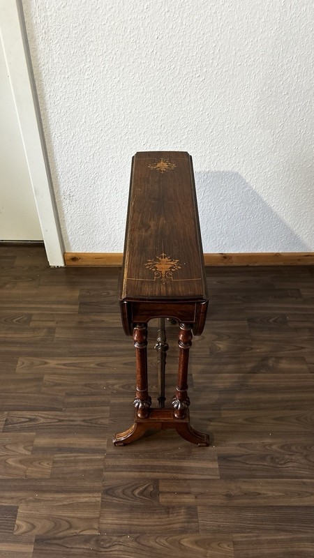 Antique Wooden Drop Leaf Oval Table with Ornate Legs, Inlay Detail, Brown gallery