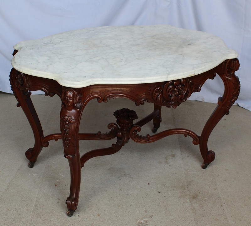 Antique Victorian Walnut Marble top Table – carved flowers in urn