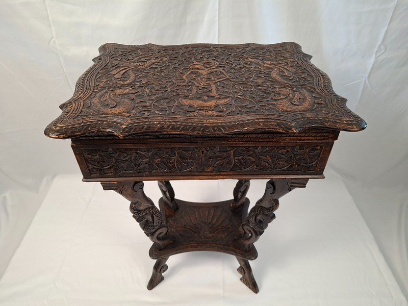 Rare Antique 1890s-1930s Indonesian Hand-Carved Teakwood Sewing Table With Tray