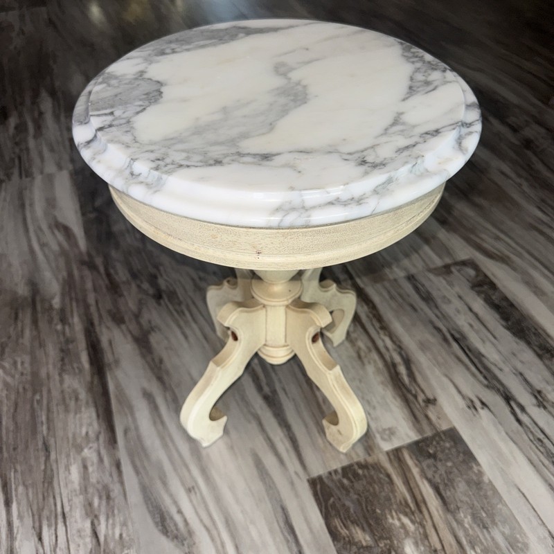Vintage Victorian Side End Table Round marble top Beige Wood Base Italy READ