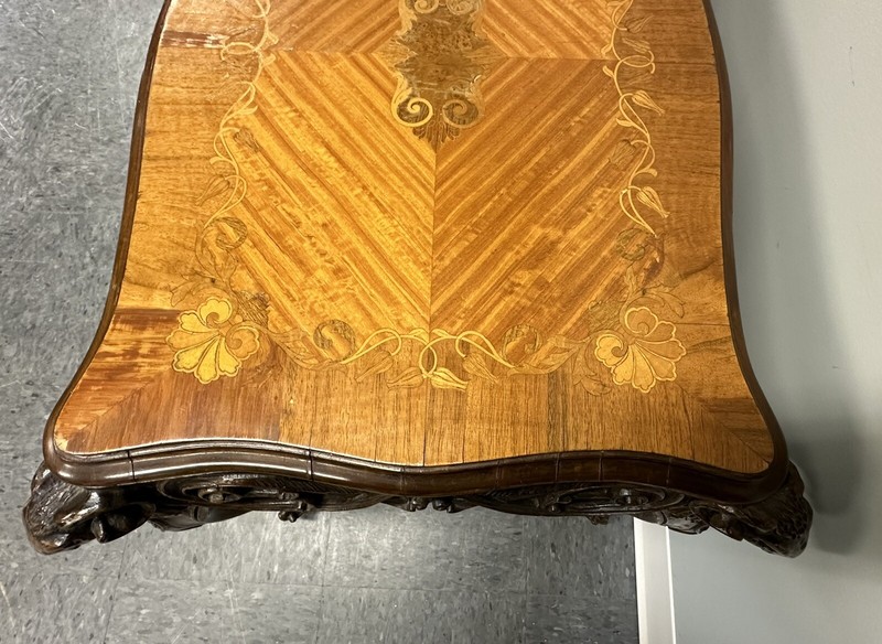 Antique French Figural Carved Walnut Satinwood Marquetry Inlay Low Table C1900 gallery