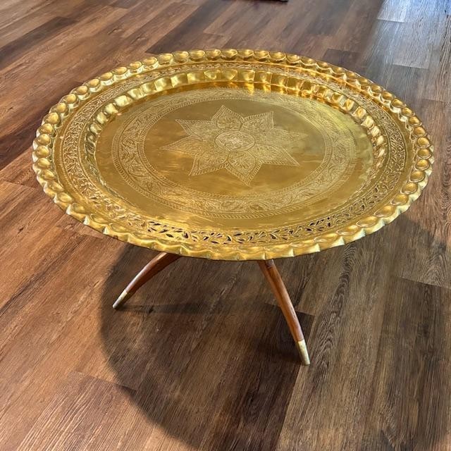 Vintage 36″ Persian, Moroccan Hand Hammered Brass Coffee Table w Folding Legs