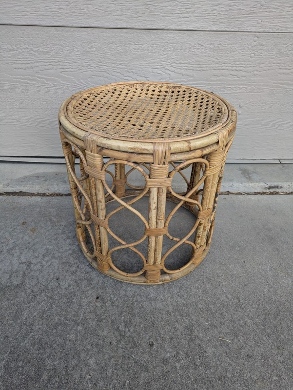 Vintage Asian Boho Chic Bamboo Rattan Cane Round Side Table Plant Stand Stool gallery