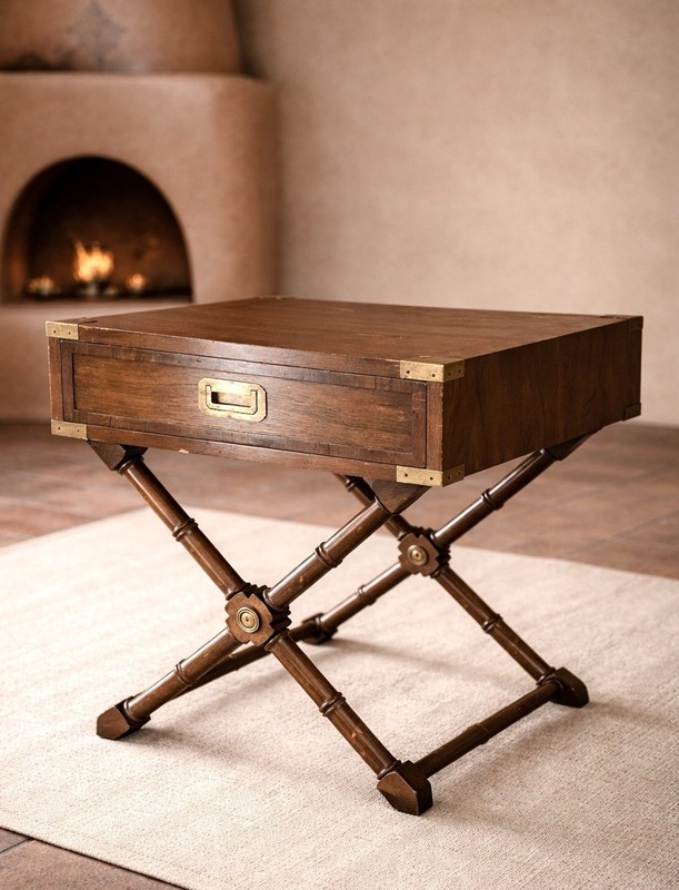 Campaign End Table Hekman Walnut With Drawer X Base Faux Bamboo gallery