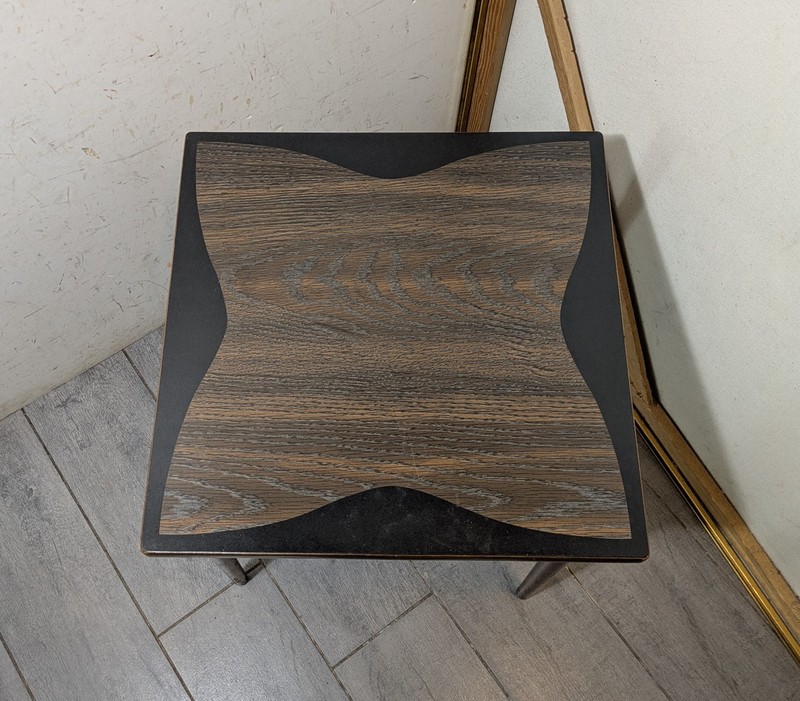 Vintage Mid Century Modern Formica Table Bowtie Top Tapered Legs Walnut D53 gallery