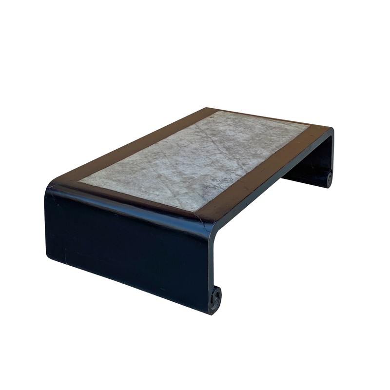 Distressed Black Lacquer Stone Top Scroll Legs Rectangular Coffee Table cs7287 gallery