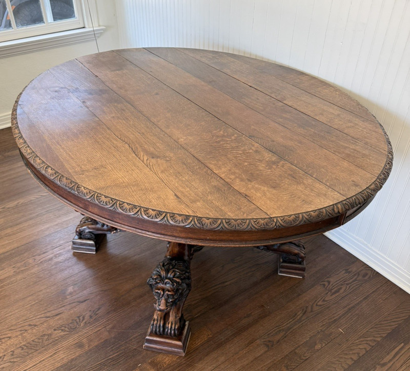 1890’s Antique Oak French Carved Lion Base Hunting / Dining Table