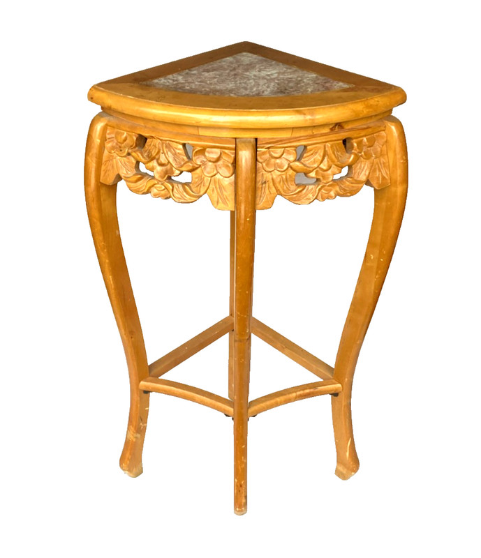 ANTIQUE CARVED SOLID WOOD & MARBLE TOP CONSOLE TABLE+ CORNER STAND VINTAGE- L@@K gallery