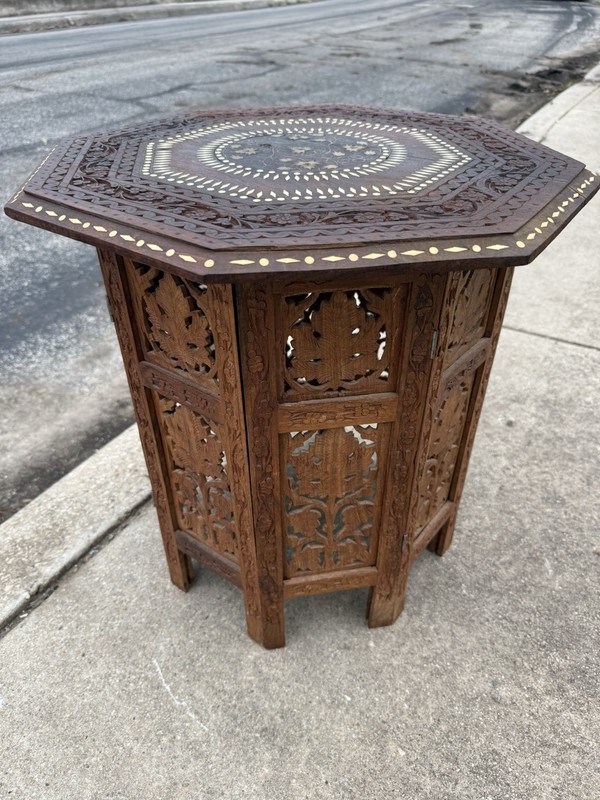 Antique Octagonal Carved Wooden Folding India Side Table 18x18 gallery