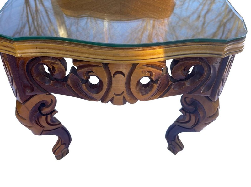 Baroque Style End Table Hand Carved Wood with Glass Top gallery