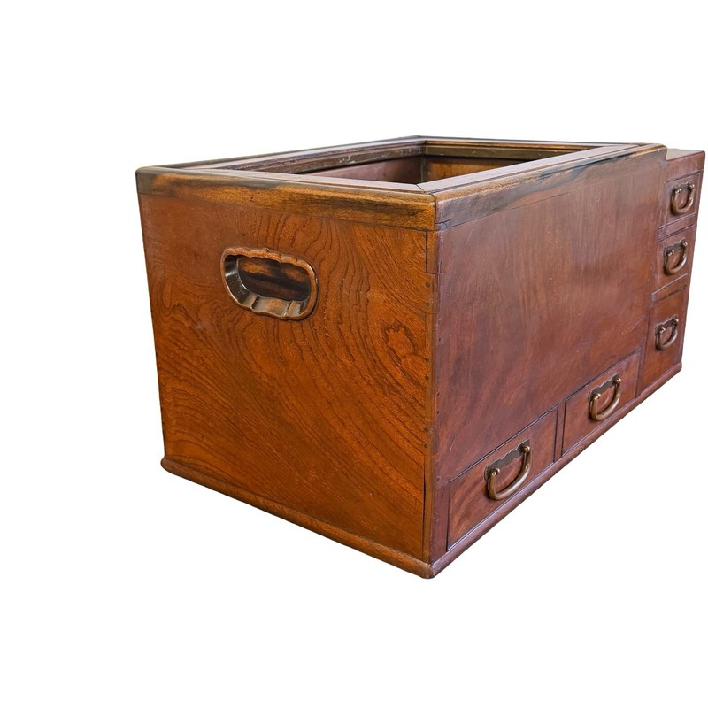 Antique Original Japanese Keyaki Hibachi Kanto Brazier Tea Chest Table 1900’s gallery