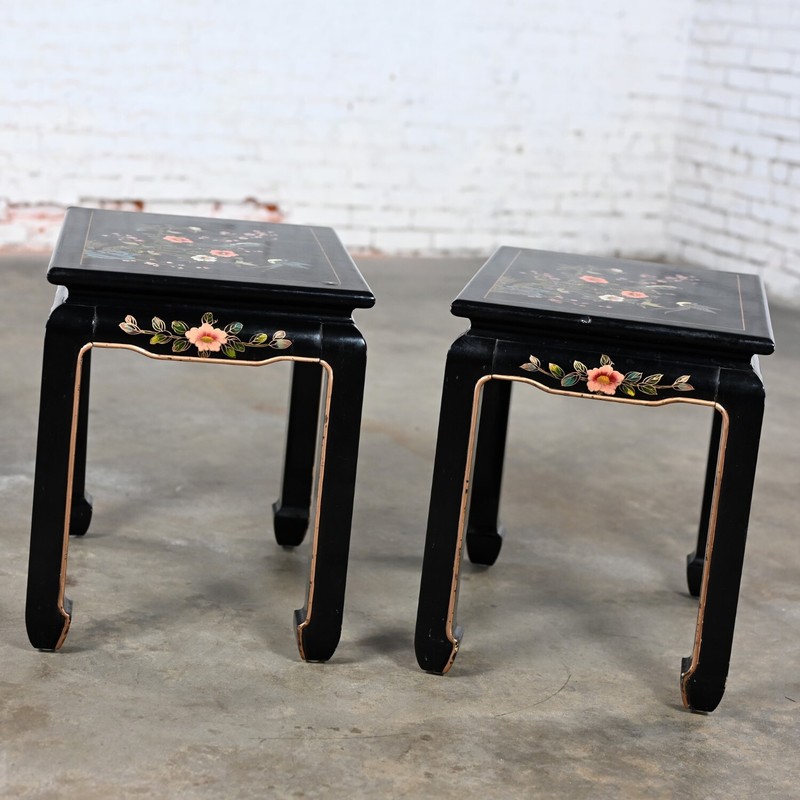 Distressed Chinoiserie Pair Black Lacquered End or Side Tables Ming Style Feet gallery