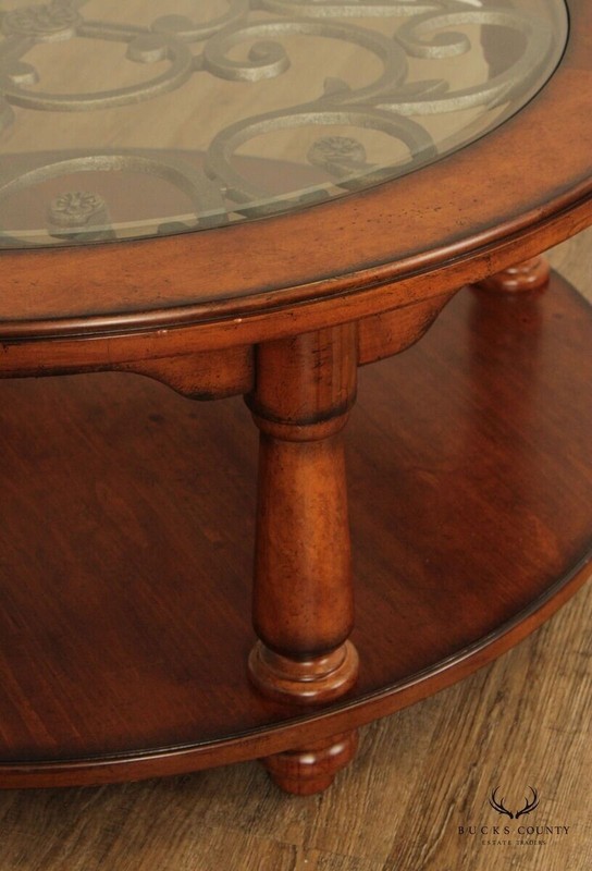 Rustic European Style Wood and Glass Top Iron Scroll Round Cocktail Table gallery