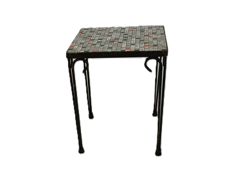 Small Side Table Plant stand Mosaic tiles Checkered pattern Wrought Iron vintage