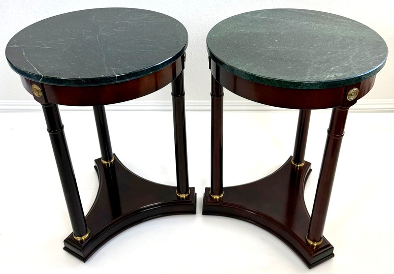 Bombay Co French Empire Neoclassical Style Mahogany Marble Side Table, a Pair gallery