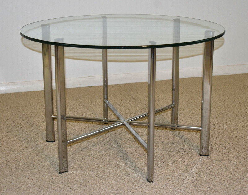 Mid Century Modern Chrome & Glass Round End Table 30″