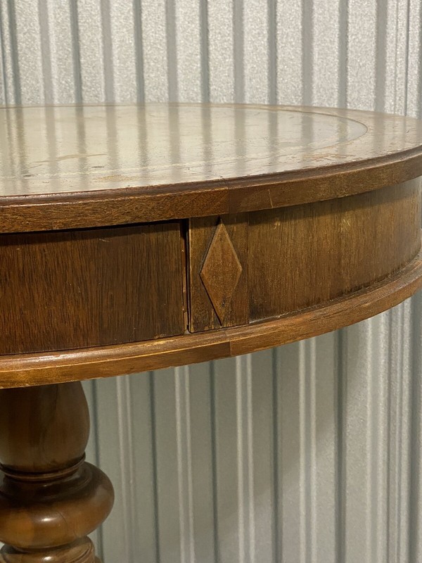 Antique Round Leather Top Drum Table With Paw Feet gallery
