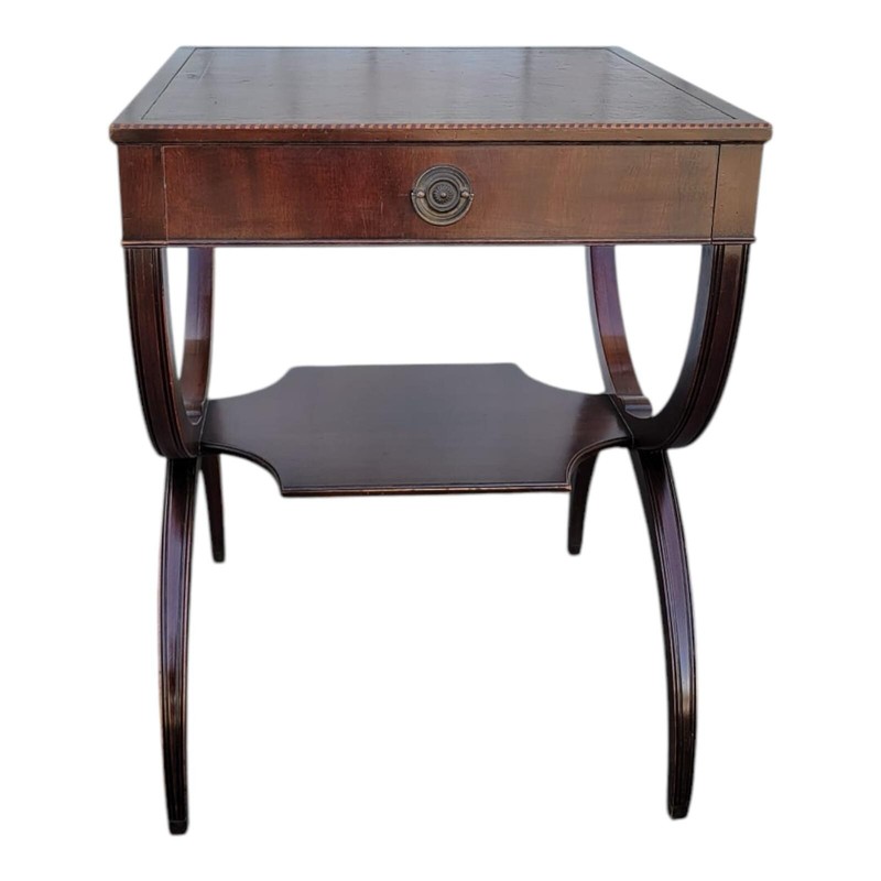 Antique Regency Mahogany Table Inlaid Leather Top 1 Drawer Stenciled Detail