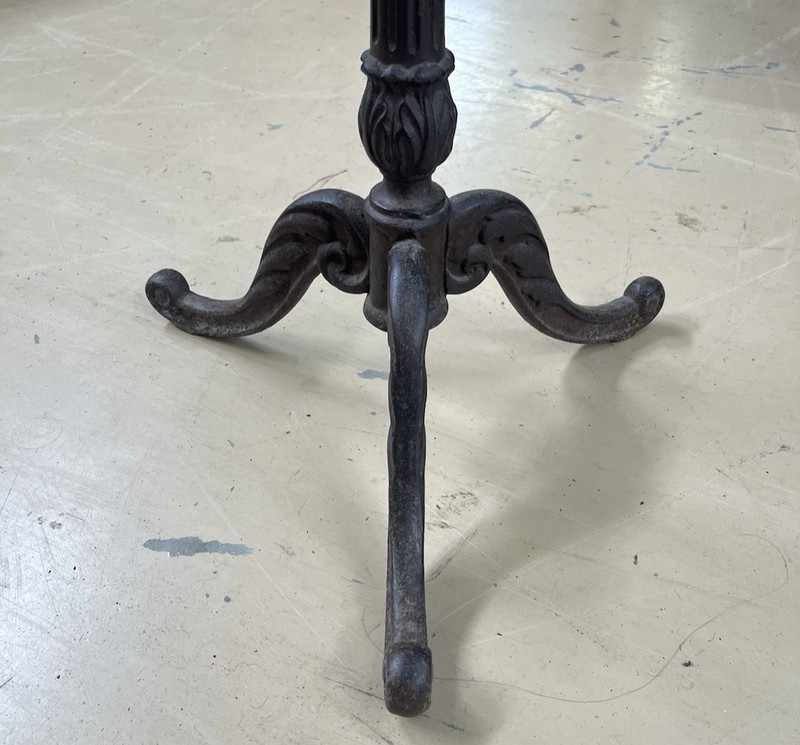 ANTIQUE FRENCH CAST IRON BISTRO/ PUB STYLE PEDESTAL TABLE W/ GLASS TOP gallery