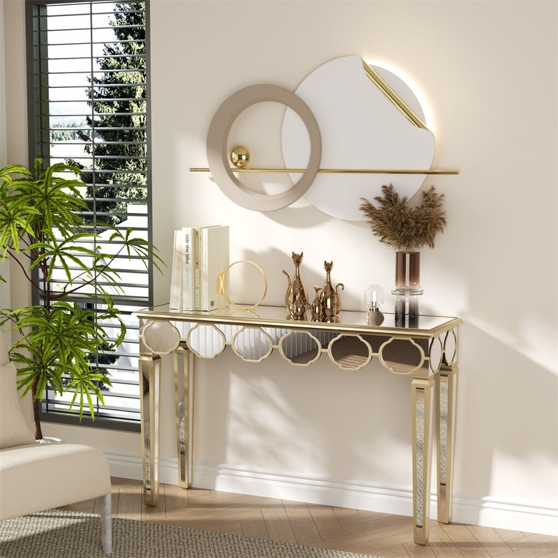 1.2m Ultra Long Mirrored Console Table Gold Rim Lantern Pattern Entryway Table gallery