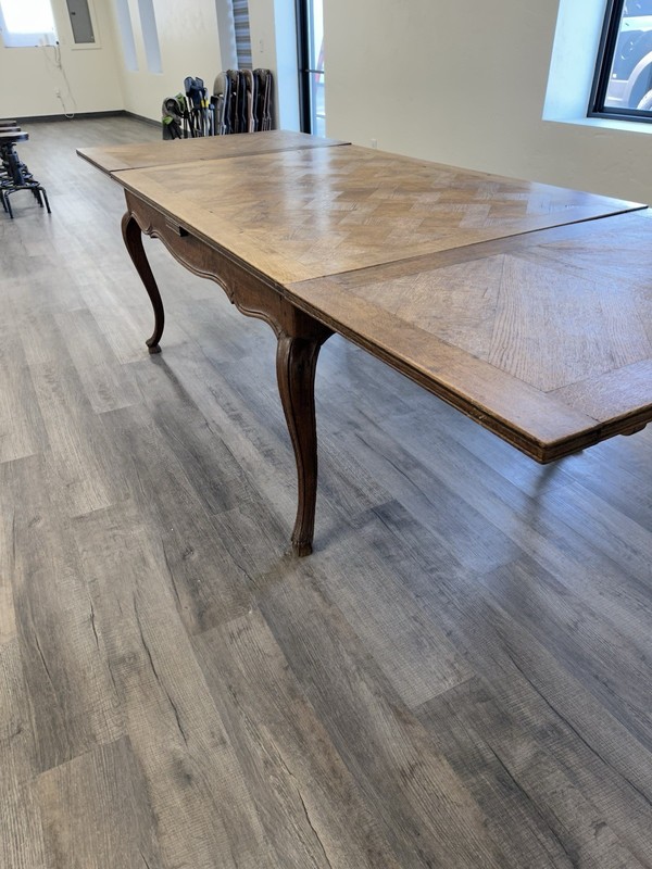 Vintage French Provincial Draw-Leaf Dining Table – Solid Wood, Parquet Top gallery