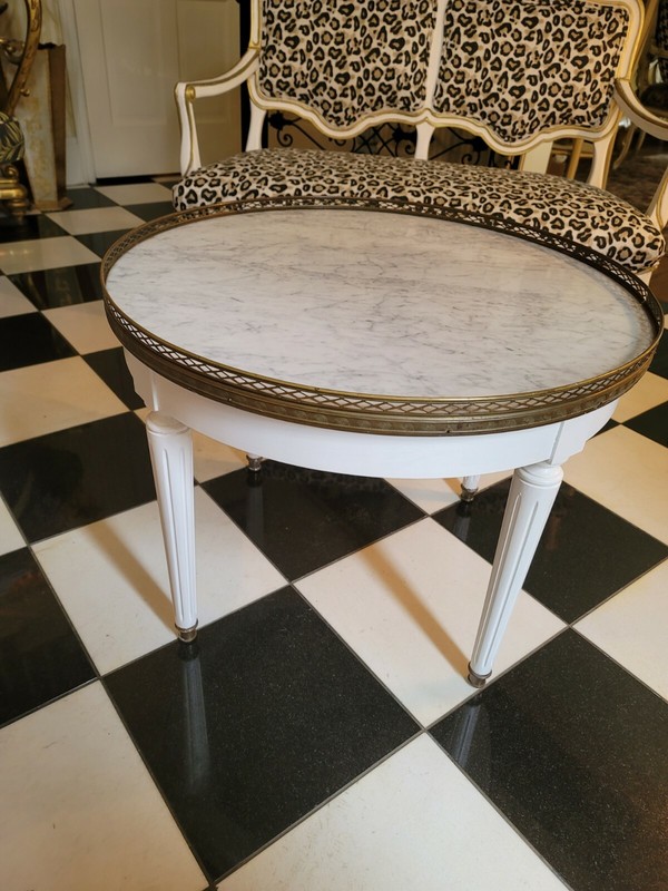 VTG Painted Danby MARBLE TOP Accent Table French LOUIS XVl Style w/Brass Gallery