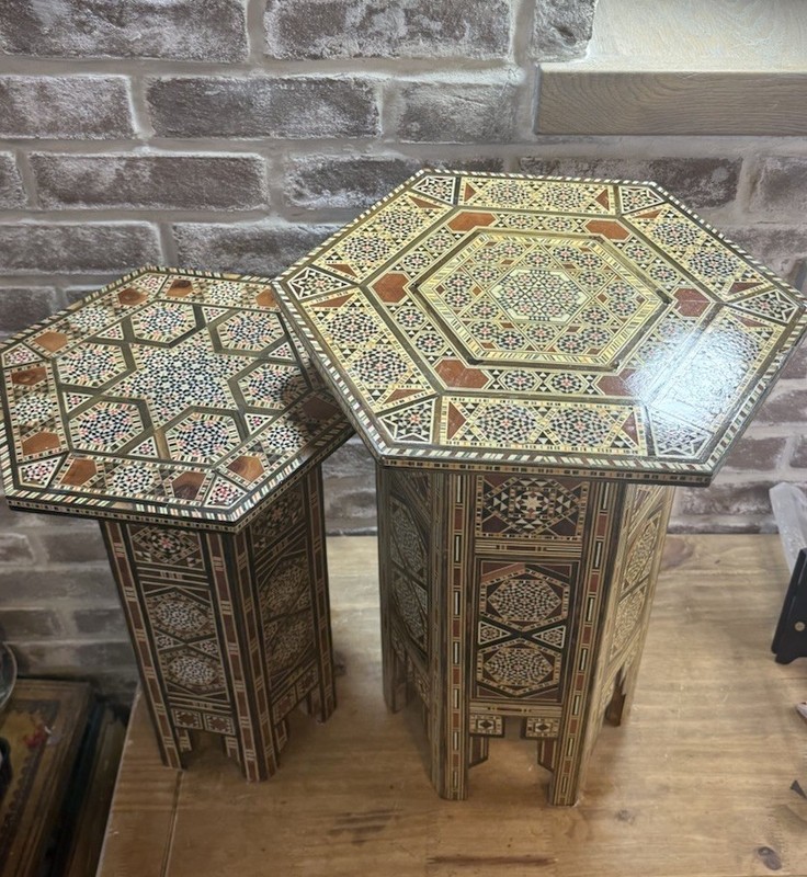 Antique Set 2 WUNDERLY VINTAGE SYRIAN INLAID MOROCCAN Wood Side TABLES Or Stands gallery