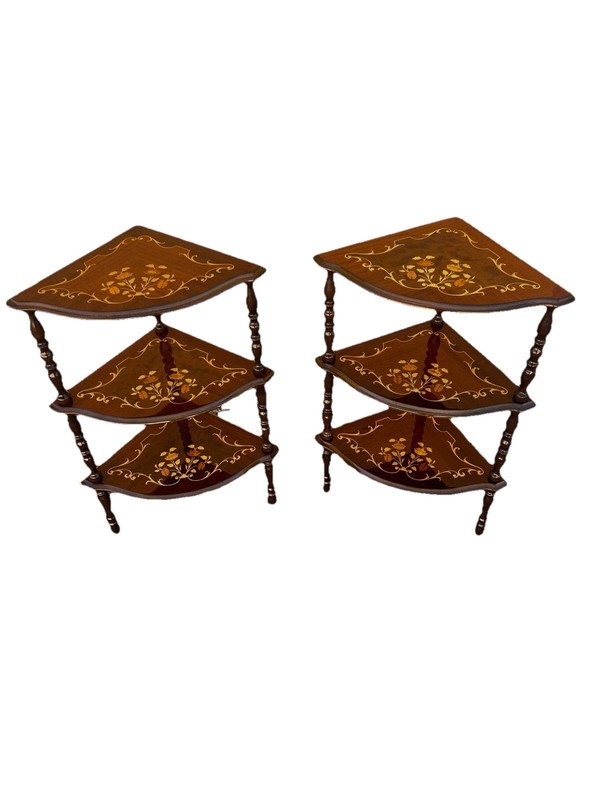 Set Of 2 Vintage Italian Inlaid Mahogany 3 Tier Corner Tables