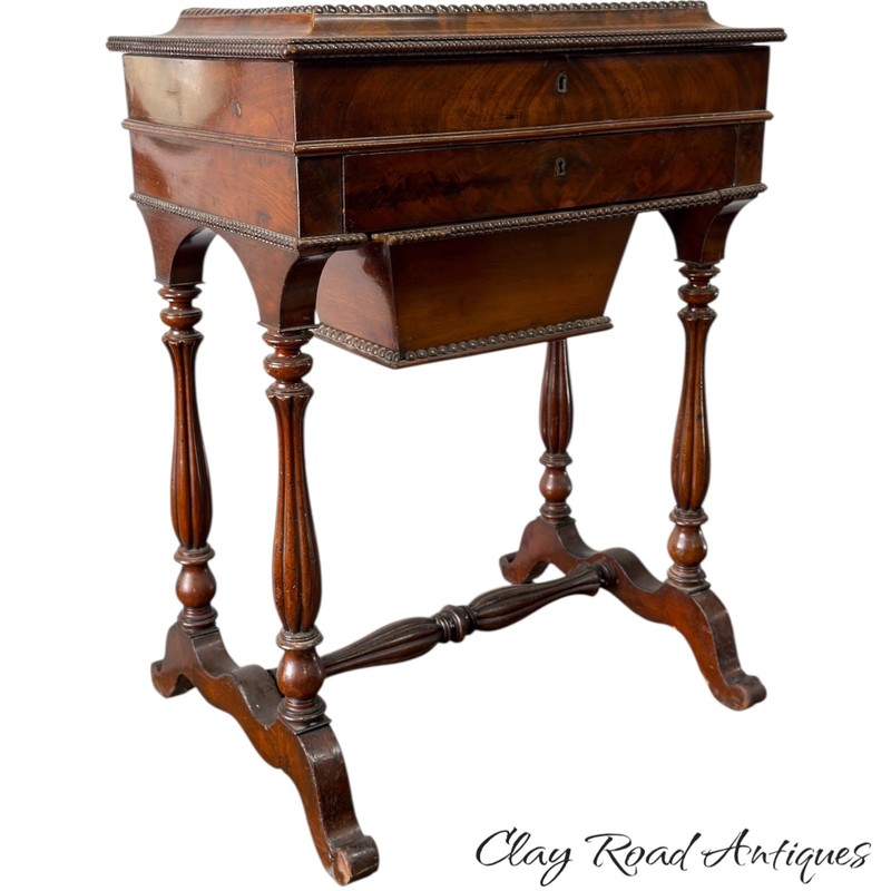 Antique flame Mahogany classical victorian sewing stand table compartments 1830 gallery