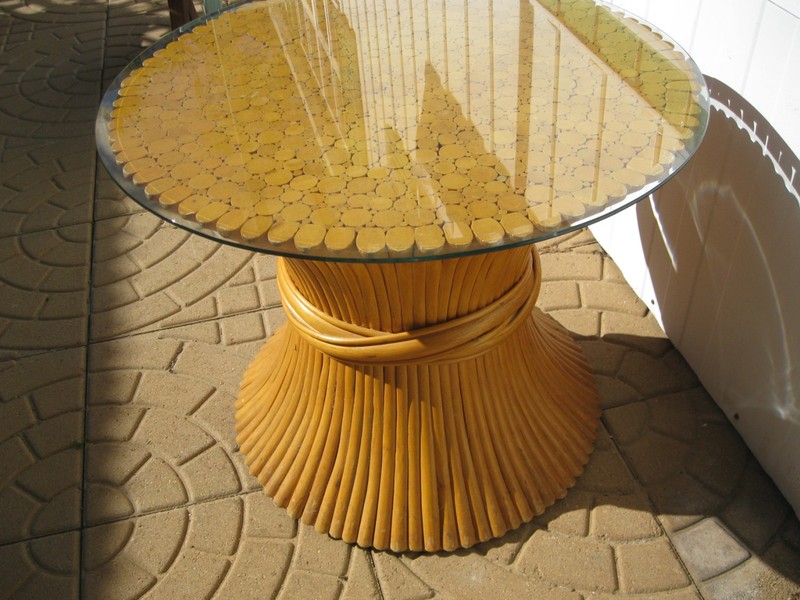 Sheaf of Wheat Vintage Bamboo, Rattan Round Glass Top Side Table
